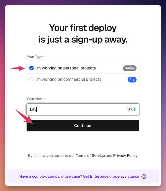Choose the personal projects option